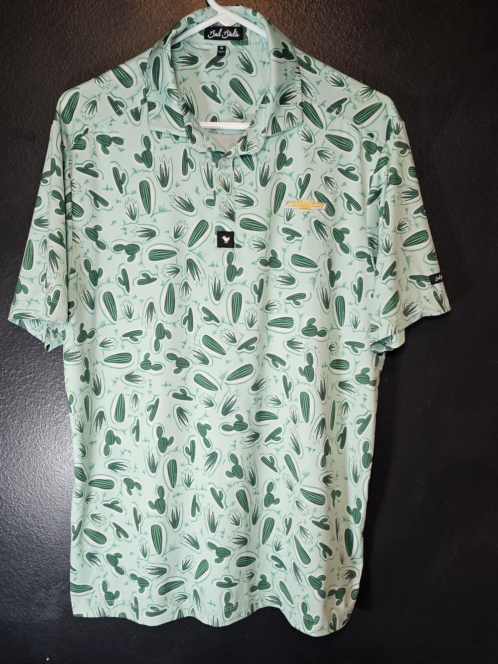 Bad Birdie Tony Saguaro Cactus Golf Polo Shirt Mens Medium Green Print Chevy